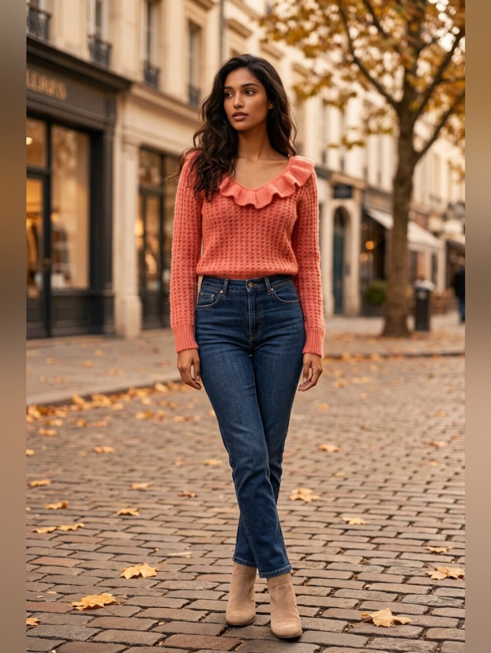 Anthropologie Coral Ruffle-Neck Waffle Knit Sweater
